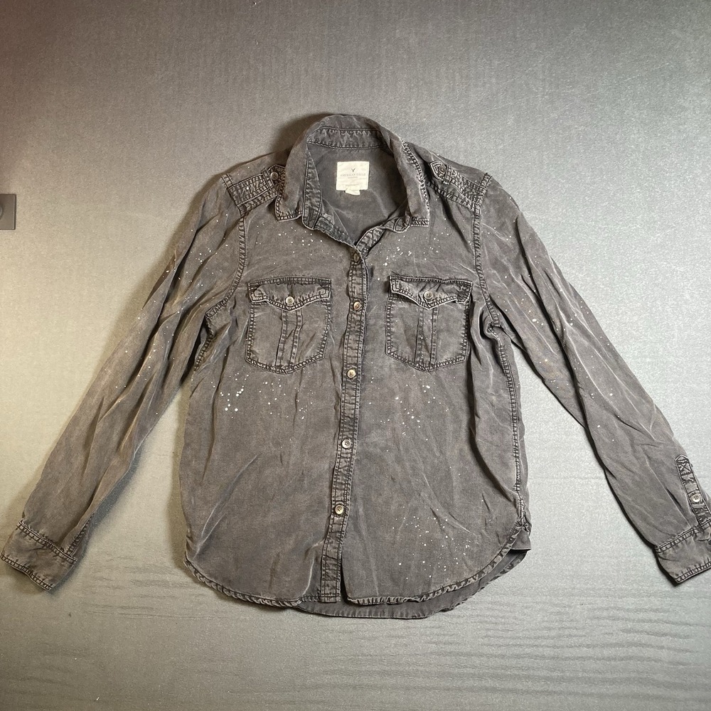 American Eagle Boyfriend Fit Faded Black Paint Splatter Button Down Shirt S